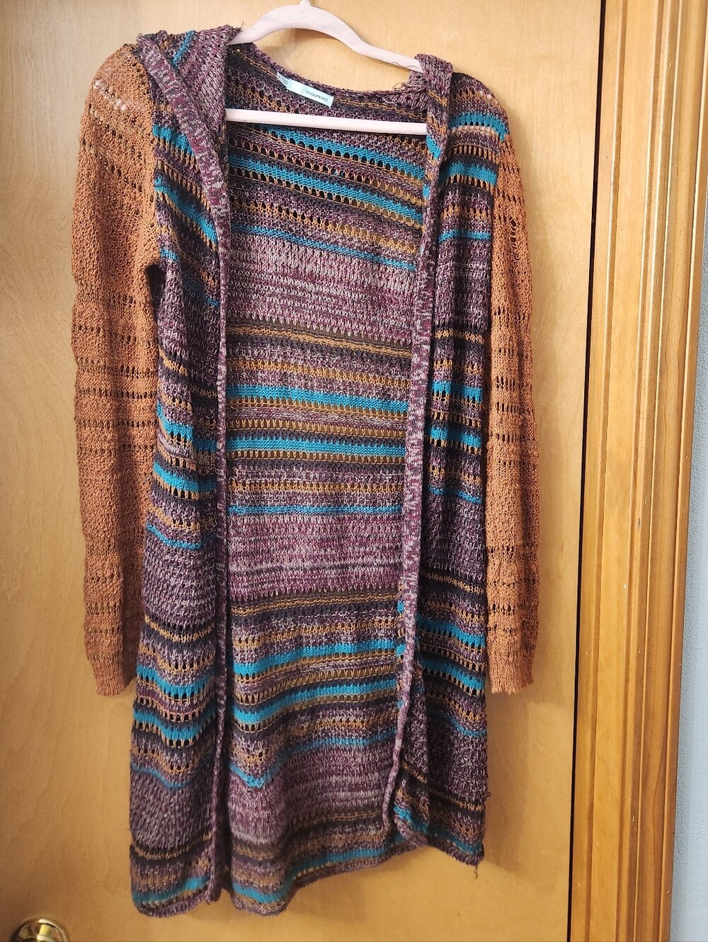 Maurices Striped Hooded Open-Front Cardigan in Rust, Brown, Teal & Purple Small
